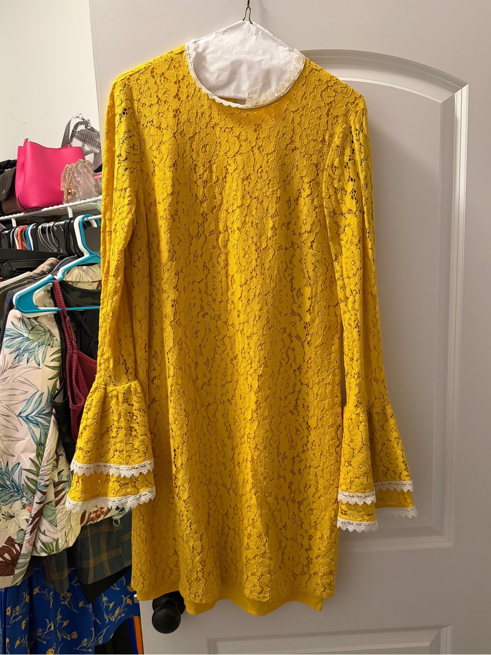 Little Mistress Yellow Lace Bell-Sleeve Dress with White Trim
